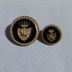 Gold and Black Crest Brooch Set, 12 large buttons, 12 small ones